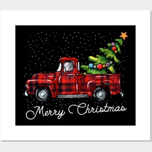 Red Buffalo Plaid Pickup Truck with Tree Merry Christmas Posters and Art